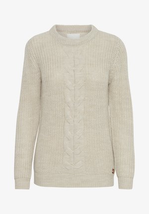 Kreminės spalvos megztinis su apvaliu kaklu, su centriniu pynimo raštu ir gofruotomis rankovėmis bei apatine dalimi. Tekstūruota medžiaga.