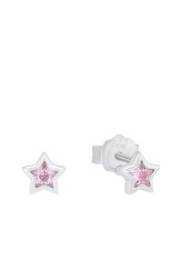 Silberne, sternförmige Ohrringe mit rosa Edelsteinen, aus 925er Sterlingsilber mit polierter Oberfläche gefertigt.
