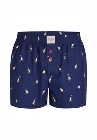 Boxer in blu navy realizzati in tessuto morbido, caratterizzati da un motivo ripetuto di anatre, con una comoda cintura elastica e due bottoni rossi sulla patta.