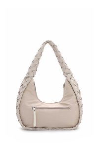 Hobo tas van zacht beige stof met een geweven handvat. Beschikt over een ritsvak aan de zijkant. Soepele textuur, gekromde silhouette.
