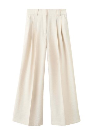 Pantalon ample couleur crème avec plis devant et passants de ceinture, taille haute et fermeture avant cachée.