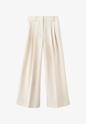 Wijd uitlopende crèmekleurige broek met plooien aan de voorkant en riemlussen, met een hoge taille en een verborgen vooraanzicht.