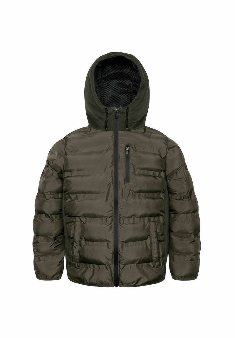 Giacca a vento verde oliva con chiusura zip, cappuccio removibile e due tasche frontali. Presenta una texture trapuntata e una fodera in rete.