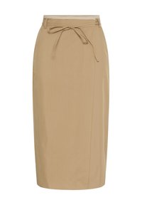 Jupe crayon beige avec taille à nouer, texture lisse, longueur genoux, dotée d'une fente avant. Fabriquée dans un tissu léger.