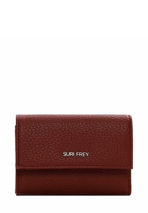 Red leather wallet featuring a textured finish, flap closure, and embossed brand logo on the front. Compact design with no visible hardware.