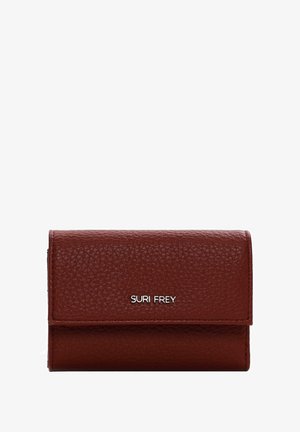 Red leather wallet featuring a textured finish, flap closure, and embossed brand logo on the front. Compact design with no visible hardware.
