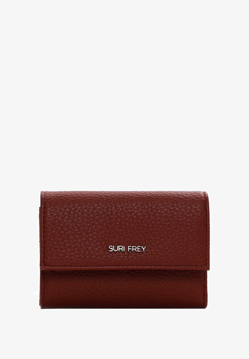 Red leather wallet featuring a textured finish, flap closure, and embossed brand logo on the front. Compact design with no visible hardware.
