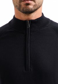 Zwarte zip-up sweater met hoge kraag en ribbelhals, met een gladde textuur en minimalistisch ontwerp. Geen zichtbare patronen of accenten.