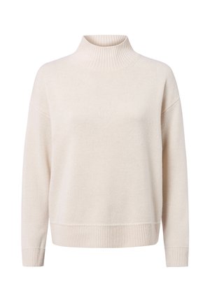 Cream-colored knit sweater with a high ribbed collar, loose fit, and ribbed cuffs and hem. Soft texture and lightweight material.