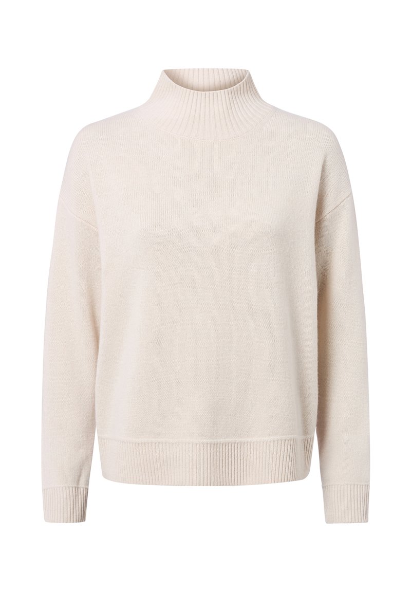 Cremfarbener Strickpullover mit hohem Rippkragen, lockerer Passform und gerippten Bündchen und Saum. Weiche Textur und leichtes Material.