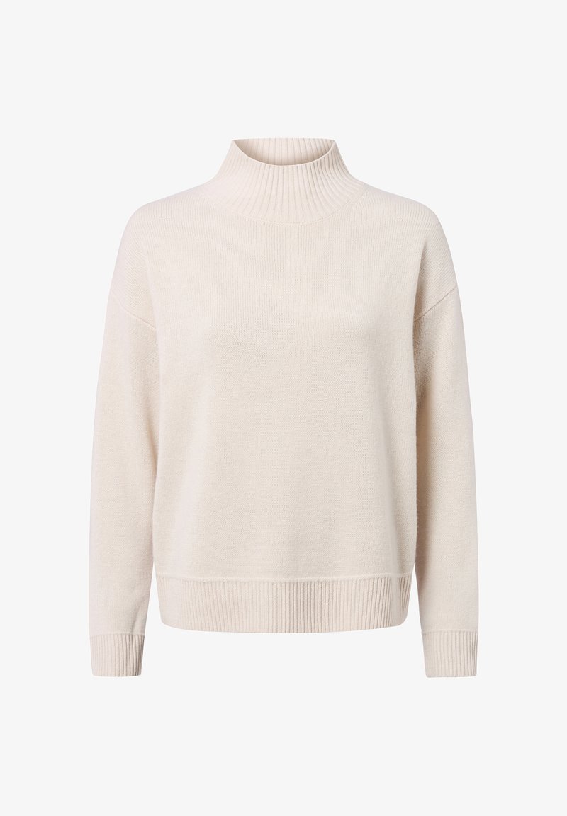 Cremfarbener Strickpullover mit hohem Rippkragen, lockerer Passform und gerippten Bündchen und Saum. Weiche Textur und leichtes Material.