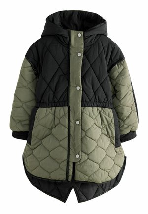 Giacca puffer trapuntata con la parte superiore nera e quella inferiore verde oliva. Presenta un cappuccio, bottoni a scatto e polsini a coste.