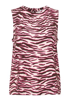 Haut sans manches pour femme avec motif zèbre rose, marron et blanc et détail d'encolure froncée.