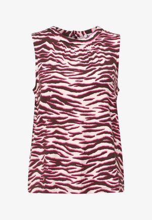 Haut sans manches pour femme avec motif zèbre rose, marron et blanc et détail d'encolure froncée.