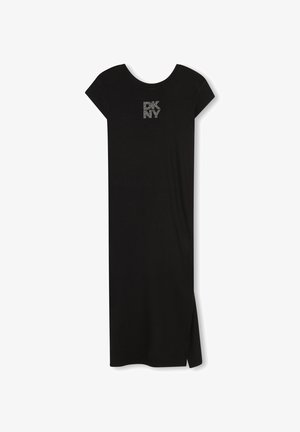 Abito in jersey nero con maniche corte, scollo tondo, spacco laterale e logo sul petto decorato con cristalli. Texture liscia.