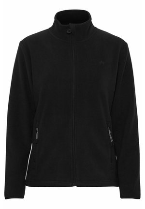 Črna flis jakna z visokim ovratnikom, polnim sprednjim zadrgo in dvema stranskima žepoma z zadrgo. Mehka tekstura in minimalističen dizajn.