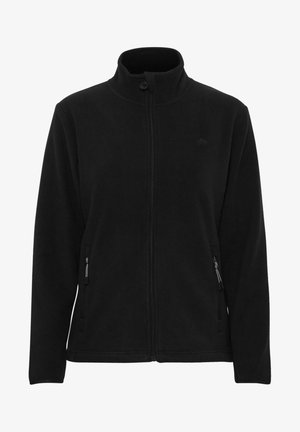 Črna flis jakna z visokim ovratnikom, polnim sprednjim zadrgo in dvema stranskima žepoma z zadrgo. Mehka tekstura in minimalističen dizajn.