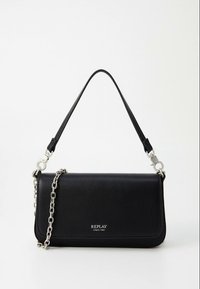 Black leather crossbody bag with a sleek rectangular shape, silver chain and strap, and embossed logo detail on the front.