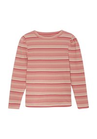 Langärmliges Shirt aus geripptem Stoff mit horizontalen Streifen in Rosatönen und Akzenten in Creme und Rot. Rundhalsausschnitt, figurnahe Passform.