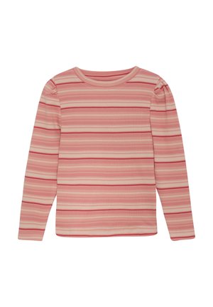 Langärmliges Shirt aus geripptem Stoff mit horizontalen Streifen in Rosatönen und Akzenten in Creme und Rot. Rundhalsausschnitt, figurnahe Passform.