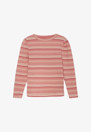 Langärmliges Shirt aus geripptem Stoff mit horizontalen Streifen in Rosatönen und Akzenten in Creme und Rot. Rundhalsausschnitt, figurnahe Passform.