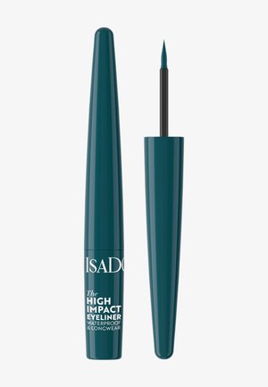 Flüssiger Eyeliner in Türkis mit spitzem Pinselapplikator, als wasserfest und langanhaltend gekennzeichnet, geschlossen und geöffnet auf weißem Hintergrund dargestellt.