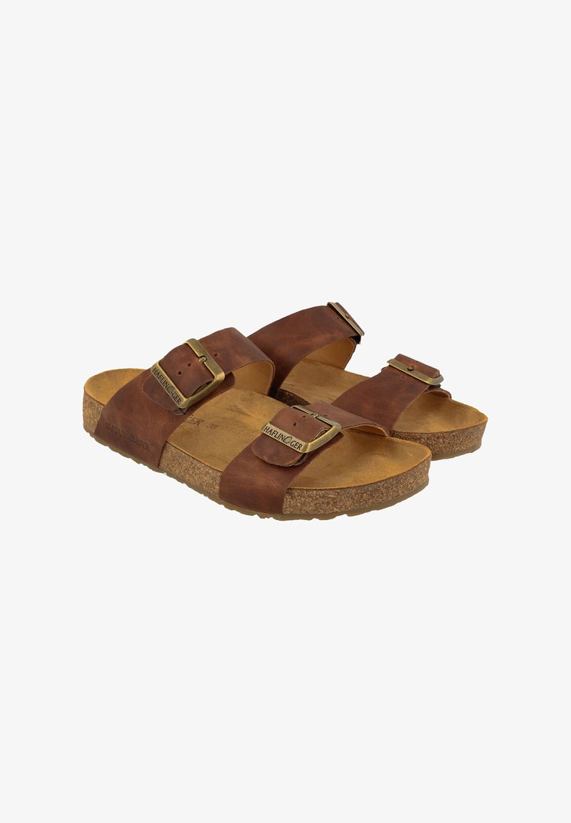 Sandali in pelle marrone con due cinturini regolabili, fibbie in ottone e una soletta in sughero testurizzata per il comfort.