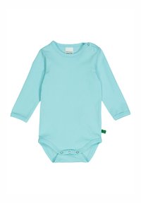 Bodysuit per neonati a maniche lunghe in cotone azzurro chiaro, con scollatura rotonda, chiusure a scatto sulle spalle e tre bottoni a pressione sul fondo.