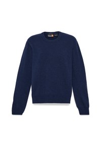 Dunkelblauer Strickpullover mit Rundhalsausschnitt, langen Ärmeln und gerippten Säumen. Weiche Textur mit minimalen Details auf der Vorderseite.