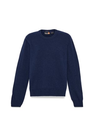 Navyblauwe gebreide trui met een ronde hals, lange mouwen en ribbelboorden. Zachte textuur met minimale details aan de voorkant.