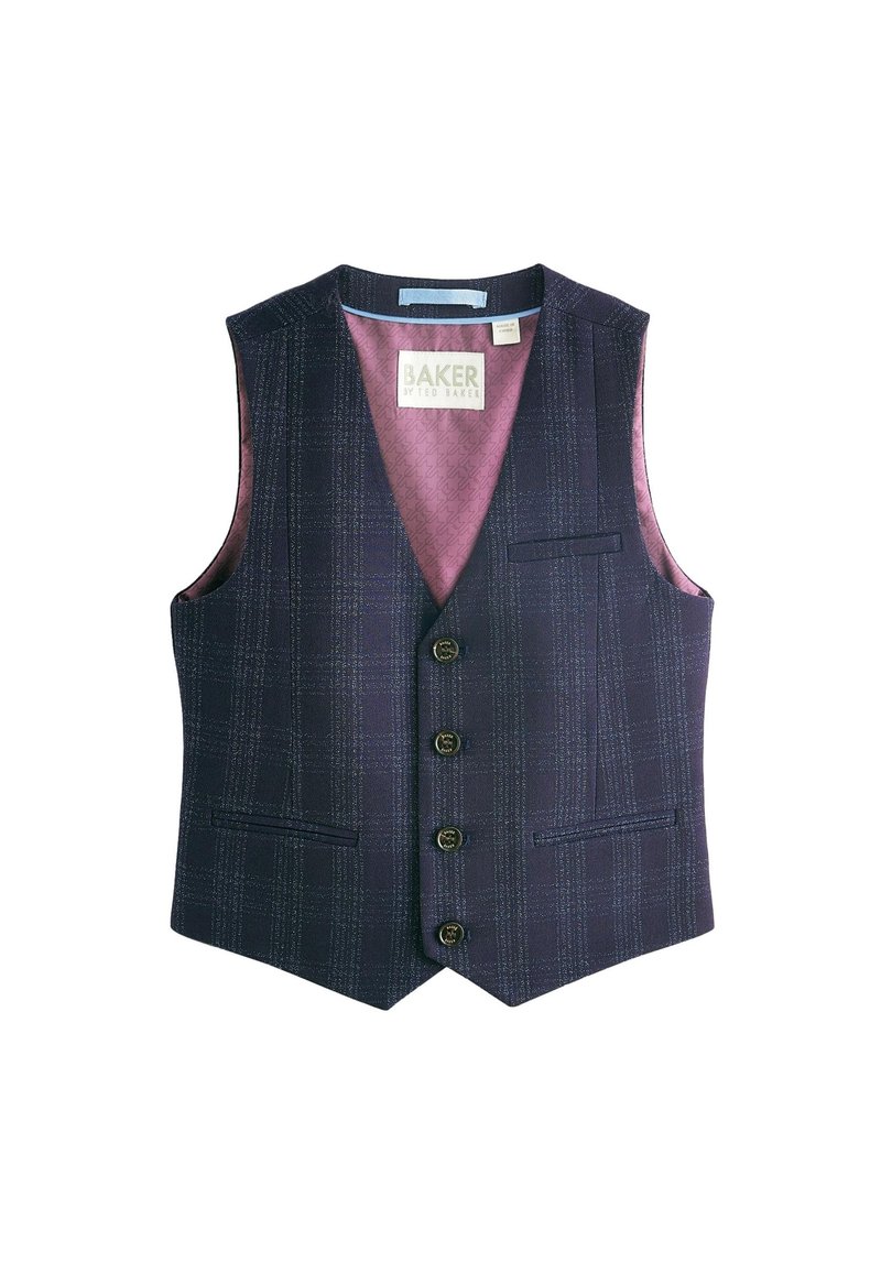 Gilet pour homme à carreaux bleu marine avec quatre boutons, deux poches avant et une doublure intérieure rose à motif.