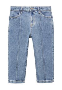 Jasnoniebieskie dżinsowe spodnie capri o prostym kroju, pięcioma kieszeniami, z przodem na guzik i kontrastowym stębnowaniem.