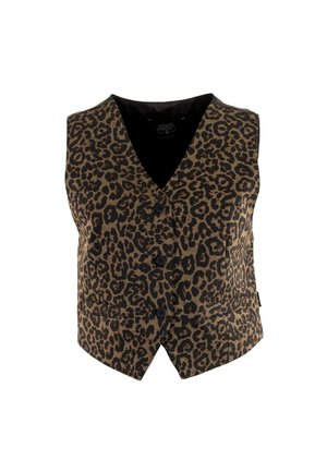 Brown leopard print vest with a V-neck, five black buttons, and two side pockets. Fabric appears textured with a smooth interior lining.