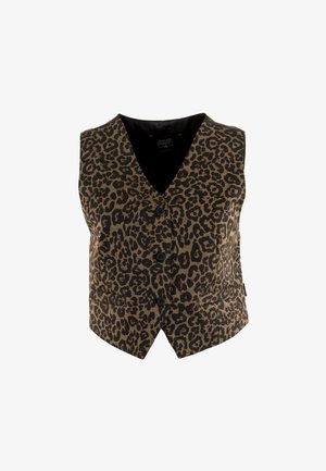 Chaleco de piel de leopardo marrón con escote en V, cinco botones negros y dos bolsillos laterales. La tela parece texturizada con un forro interior suave.