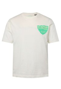 Bílé bavlněné tričko s krátkým rukávem, s tyrkysovým grafickým designem s nápisem "Surfing California" na horní levé straně.