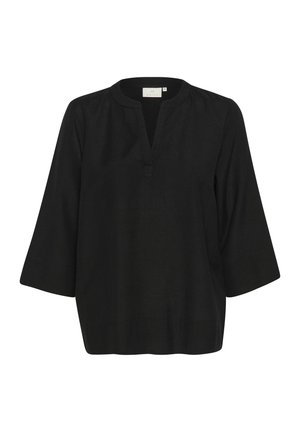Czarna lniana bluzka o luźnym kroju, z dekoltem w serek i rękawami trzy czwarte. Charakteryzuje się prostym fasonem bez wzorów i ozdobników.
