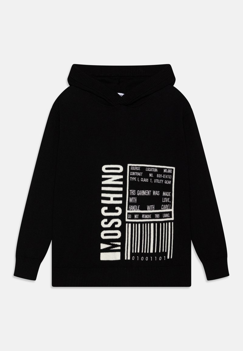 Black hoodie featuring a white printed label design with barcode and text. Made of soft fabric with ribbed cuffs and hem.
