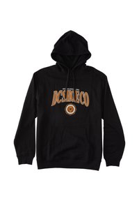 Svart hoodie med en framficka i kängurustil, orange och vit grafiktryck med "DC SHOE CO", justerbar dragkedja i huvan och ribbade ärmslut.
