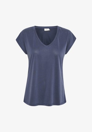 Mornarsko modra majica s kratkimi rokavi v V-izrezu, izdelana iz mehkega blaga. Gladka tekstura in sproščen kroj, s ravnim robom na dnu.