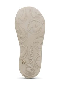 Suola di scarpa in gomma bianca con un motivo testurizzato di loghi circolari e la parola "Naturino". Dettaglio notevole include il numero "20".