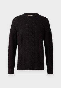 Maglione nero lavorato a maglia con un motivo a treccia testurizzato, polsini e orlo a costine. Collo rotondo con un'etichetta all'interno.
