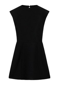 Robe noire au design structuré, sans manches, avec un col haut. Présente une silhouette en ligne A et une petite ouverture en forme de clé à l'arrière.
