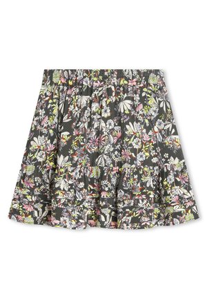 Jupe florale en gris foncé avec des motifs roses, verts et blancs. Elle présente un ourlet froncé et une taille élastique pour le confort.