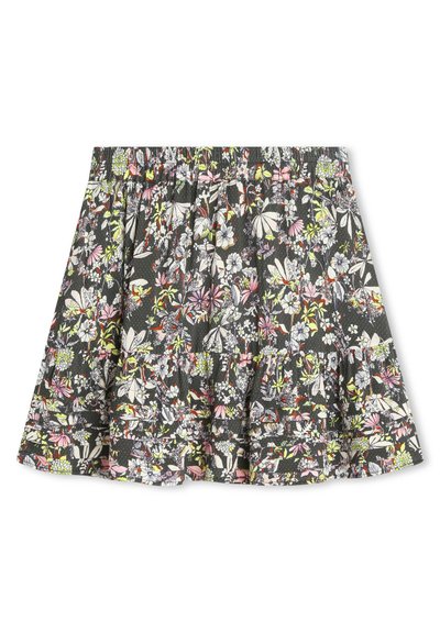Jupe florale en gris foncé avec des motifs roses, verts et blancs. Elle présente un ourlet froncé et une taille élastique pour le confort.