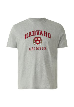 Jasnoszara koszulka z okrągłym dekoltem z herbem Uniwersytetu Harvarda i napisem "HARVARD CRIMSON" na czerwono z przodu.