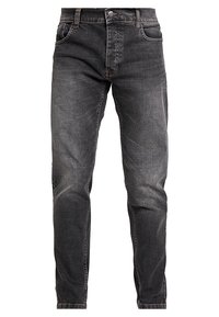 Mustat kuluneet slim-fit farkut, joissa on etunappi, vetoketju, vyölenkit ja viisi taskua.