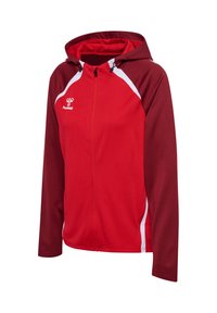 Red and maroon hooded sports jacket with white accents, full front zipper, and hummel logo on the left chest.