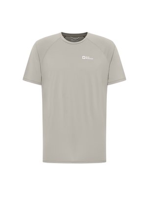 T-shirt gris clair à manches courtes avec un col rond et des manches raglan. Présente un petit logo sur la poitrine gauche. Texture douce.