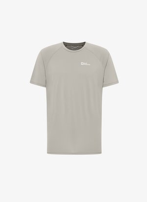 T-shirt gris clair à manches courtes avec un col rond et des manches raglan. Présente un petit logo sur la poitrine gauche. Texture douce.