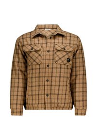 Bruine geruite flanellen jas met twee borstzakken, zwarte drukknoopknopen en een labellogo. De stof heeft een gestructureerde afwerking.